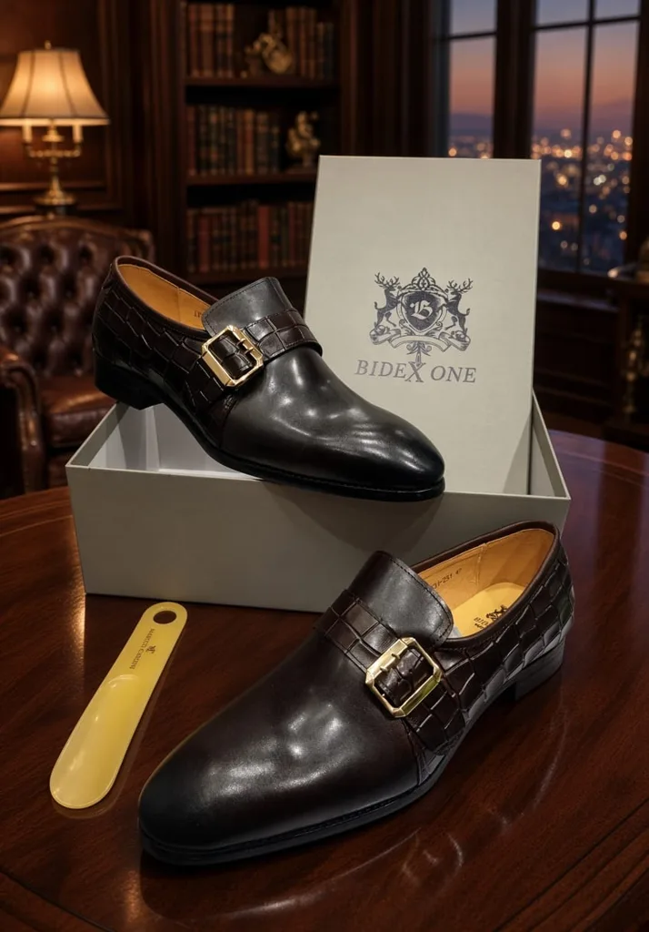 Dark Brown Monk Strap Shoes with Croc-Embossed Detail